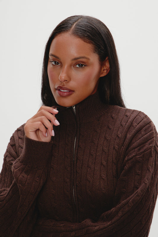 Product-Hover--Bea Cable Knit Zip Up Sweater - Chocolate Brown