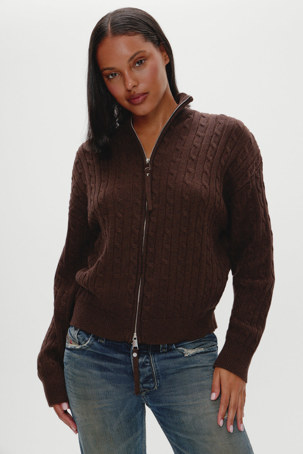 Bea Cable Knit Zip Up Sweater - Sweetheart
