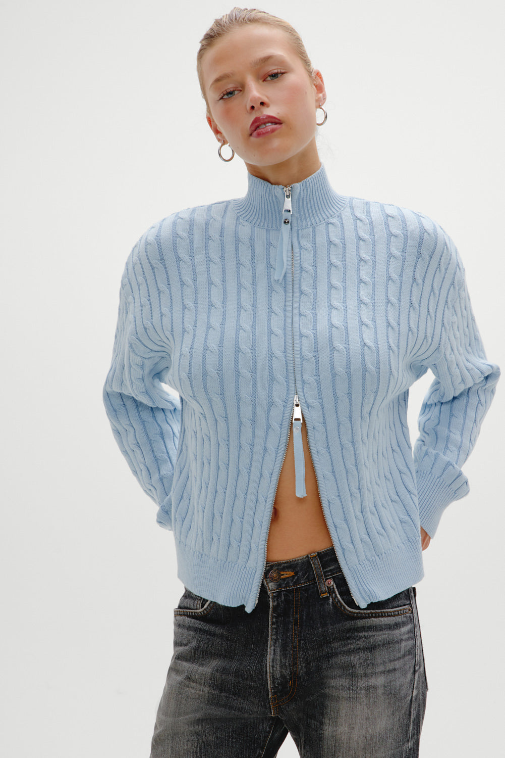 Bea Cable Knit Zip Up Sweater  Daydream