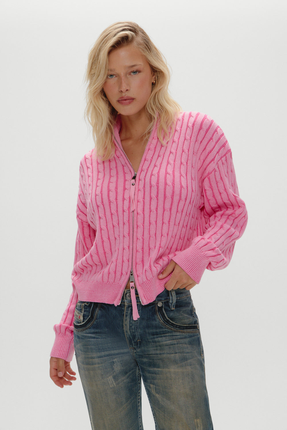 Bea Cable Knit Zip Up Sweater - Sweetheart
