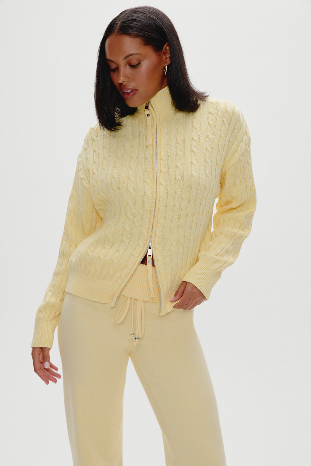 Bea Cable Knit Zip Up Sweater  Vanilla Sugar