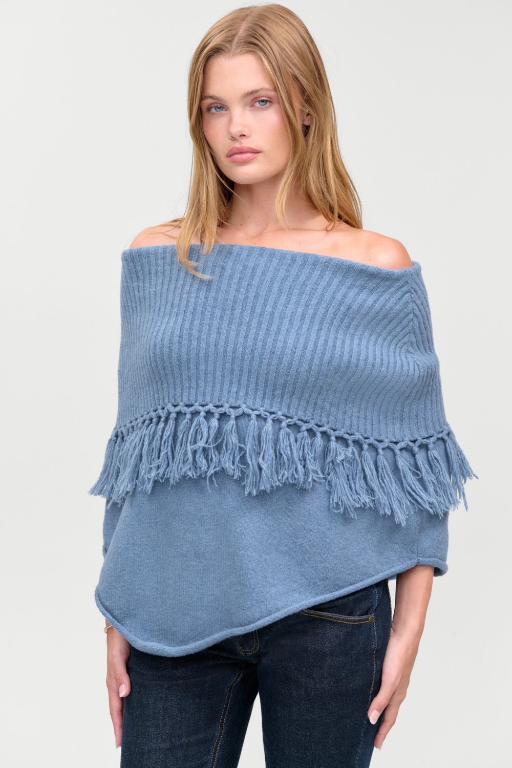 Benny Knit Fringe Poncho  Misty Mornings
