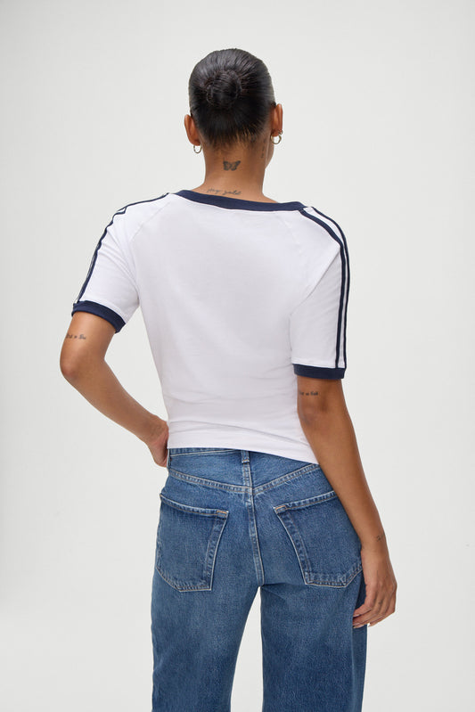 Product-Hover--Bodega V Neck White Tee Shirt in White with Deep Navy Blue Trim