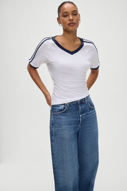 Product--Bodega V Neck White Tee Shirt in White with Deep Navy Blue Trim