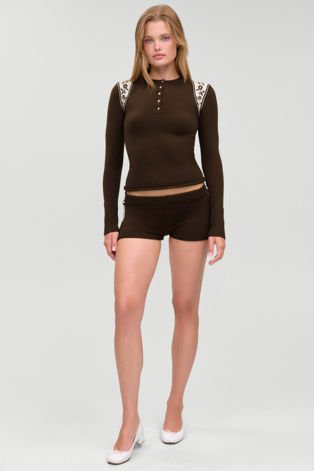 Darling Cloud Knit Long Sleeve Henley   Chocolate Brown