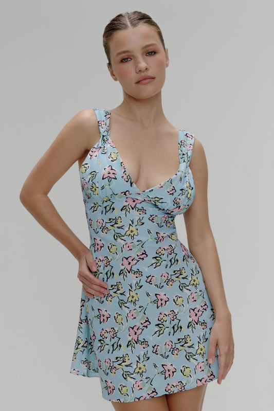 Product--Emilia Satin Floral Mini Dress Pastel Peony