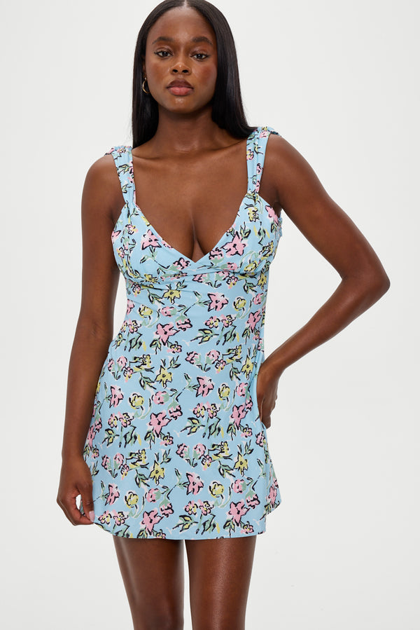 Emilia satin floral mini dress -  pastel peony