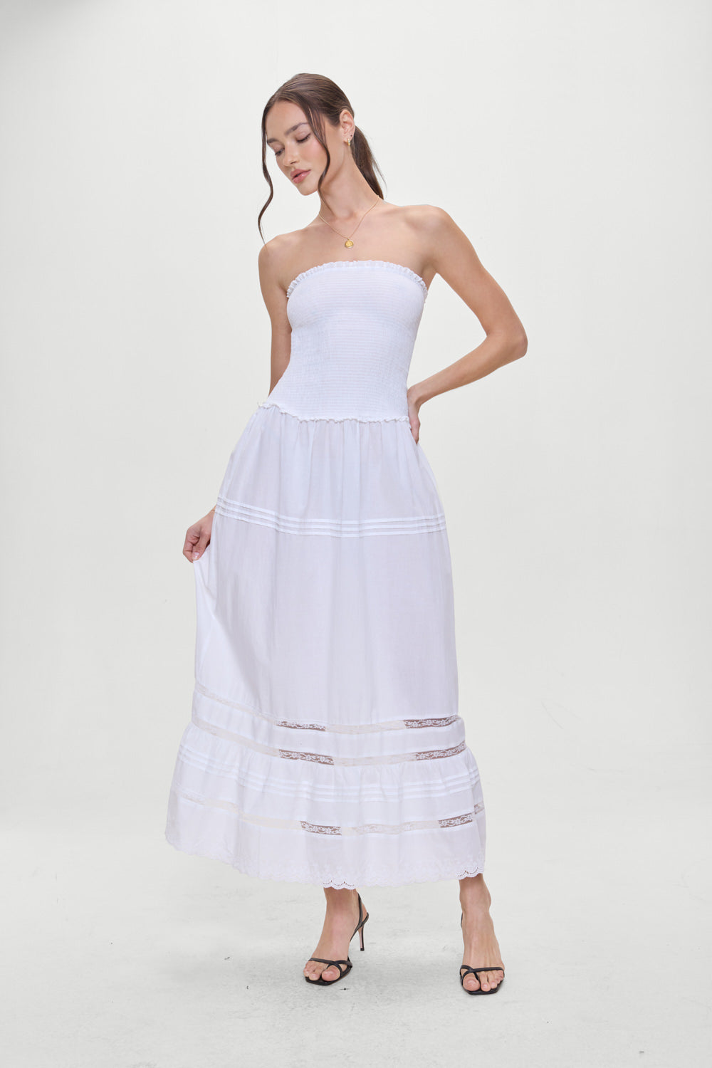 Empress Strapless Smocked Maxi Dress  White