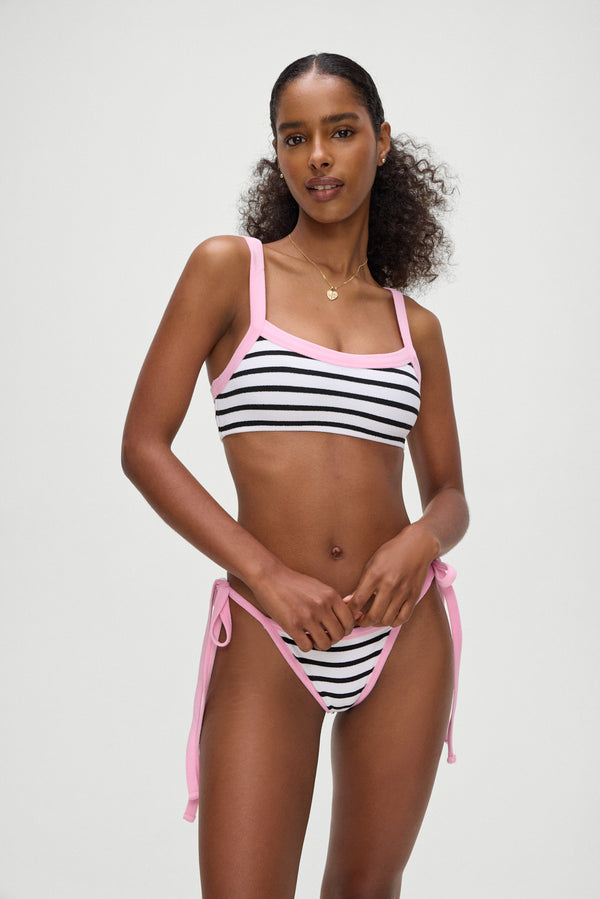 Flynn terry bralette bikini top vintage stripe with pink trim