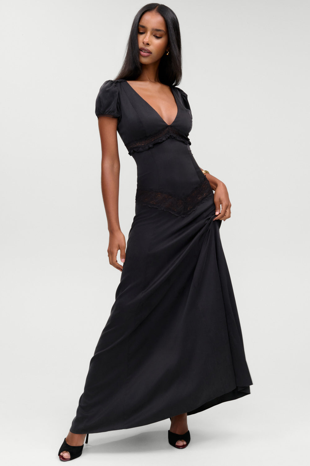 x Devon Lee Carlson Girl Next Door Silk Maxi Dress  Noir