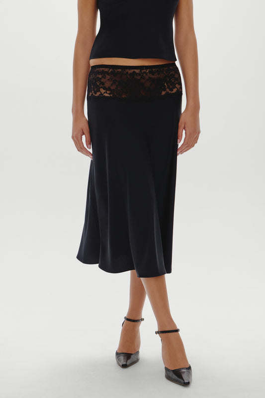 Product--Harper Satin Midi Skirt - Black