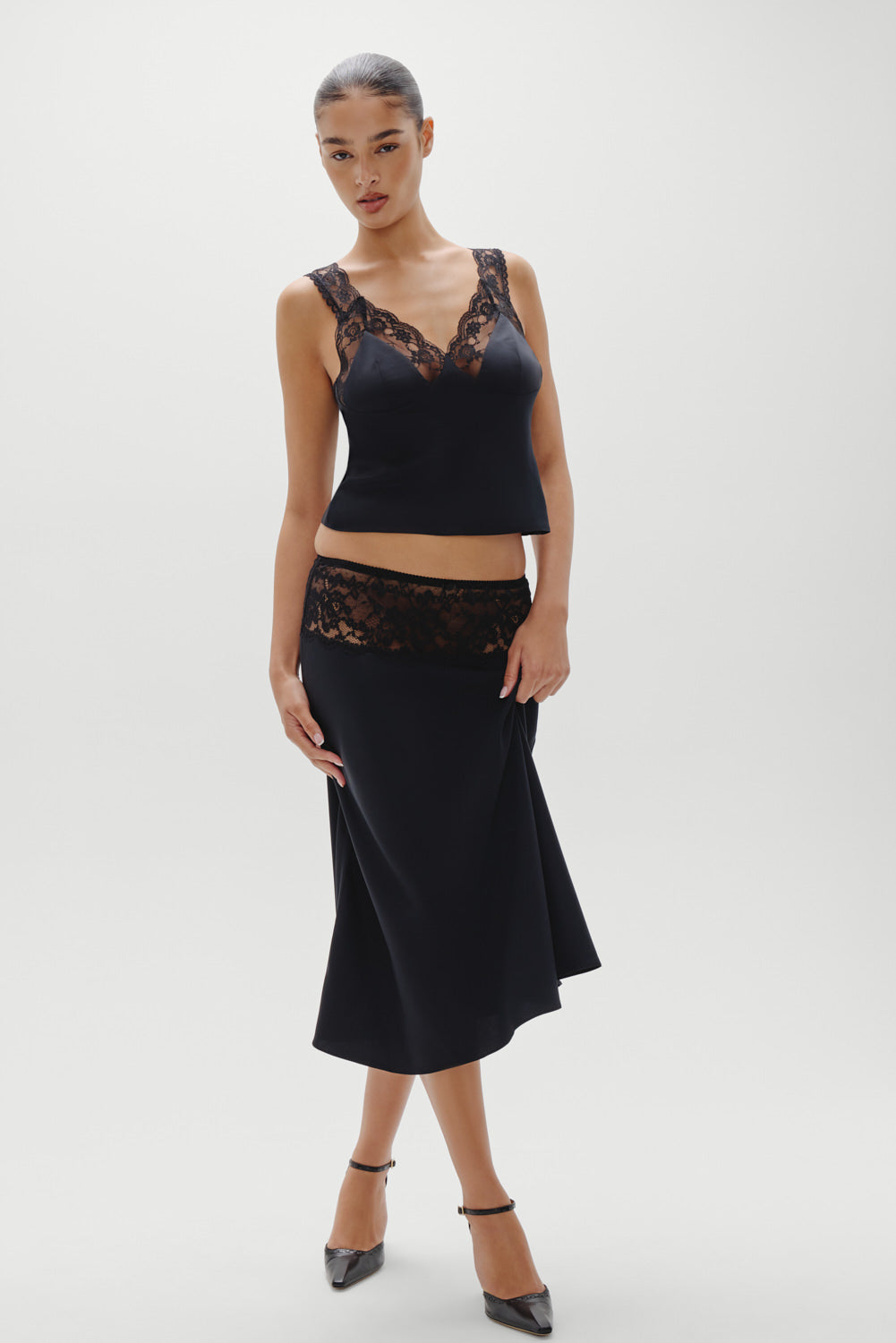 Harper Satin Midi Skirt  Black