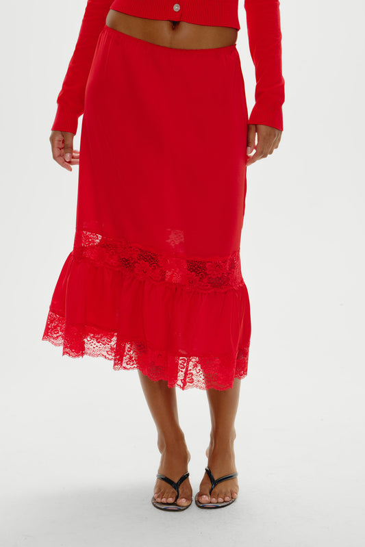 Product--Hideaway Satin Slip Midi Skirt - Cherry