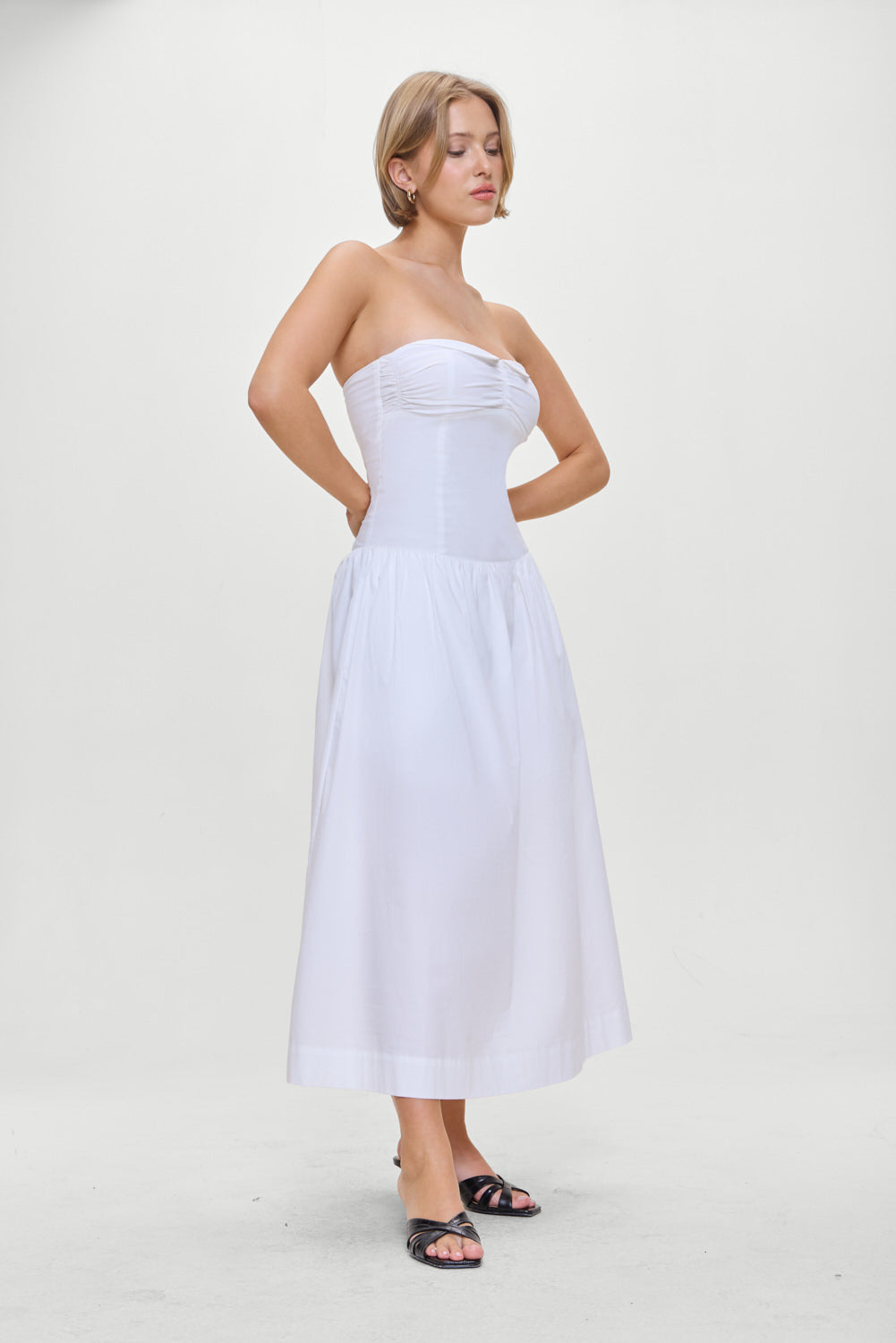 Horizon Strapless Collared Midi Dress - White White / L Horizon Strapless Collared Midi Dress - White White / L