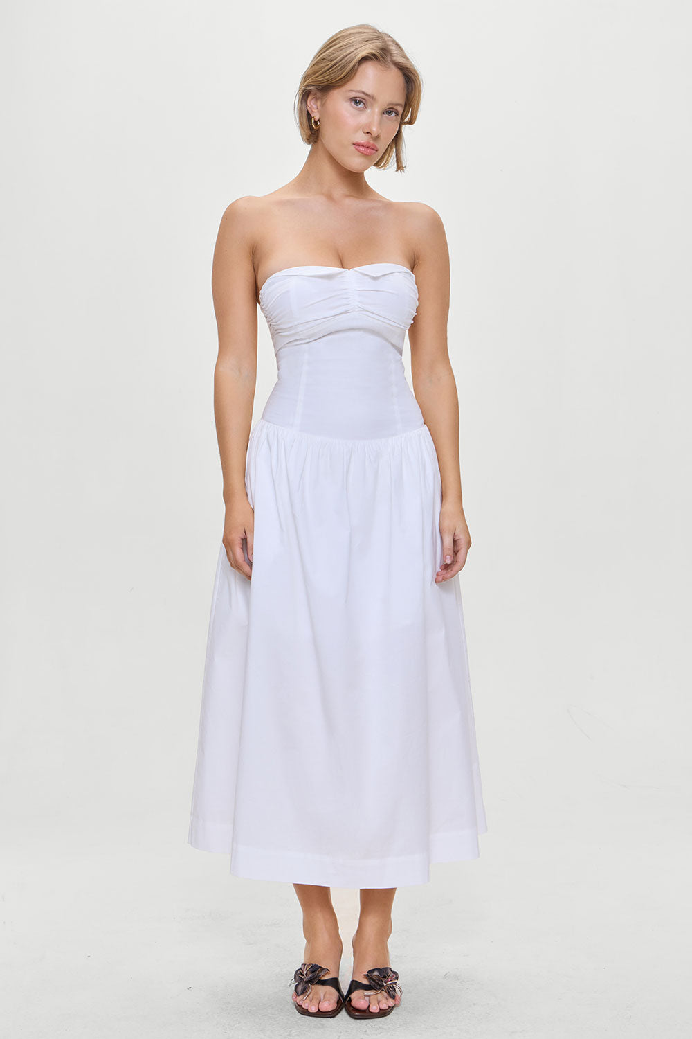 Horizon Strapless Collared Midi Dress  White