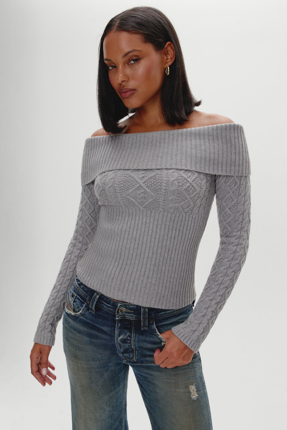 Jazz Off The Shoulder Knit Sweater  Cloud Cover