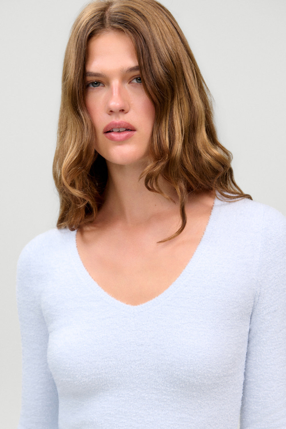 x Barefoot Dreams Kit V Neck Sweater  Ocean Mist