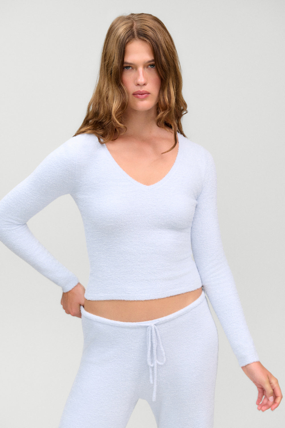 x Barefoot Dreams Kit V Neck Sweater  Ocean Mist