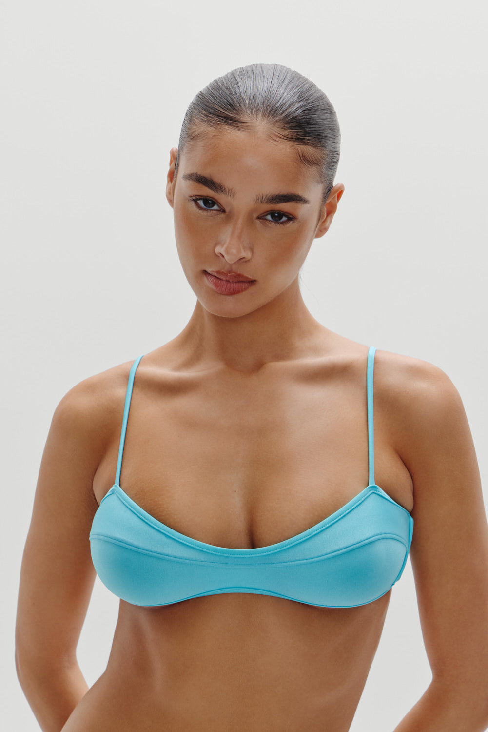 Lane Satin Bandeau Bikini Top  Cyan Shine