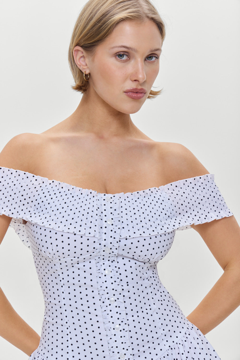 Mae Off Shoulder Mini Dress - White Polka Dot Mae Off Shoulder Mini Dress - White Polka Dot