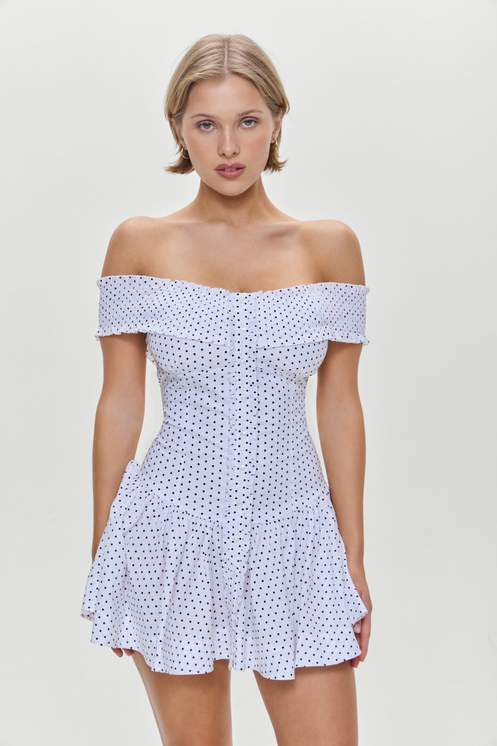 Mae Off Shoulder Mini Dress  White Polka Dot