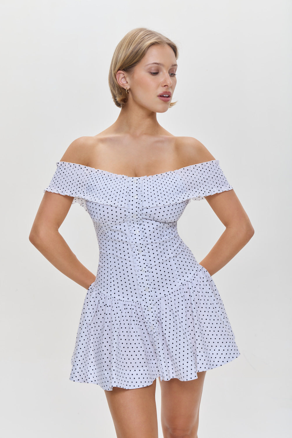 Mae Off Shoulder Mini Dress  White Polka Dot