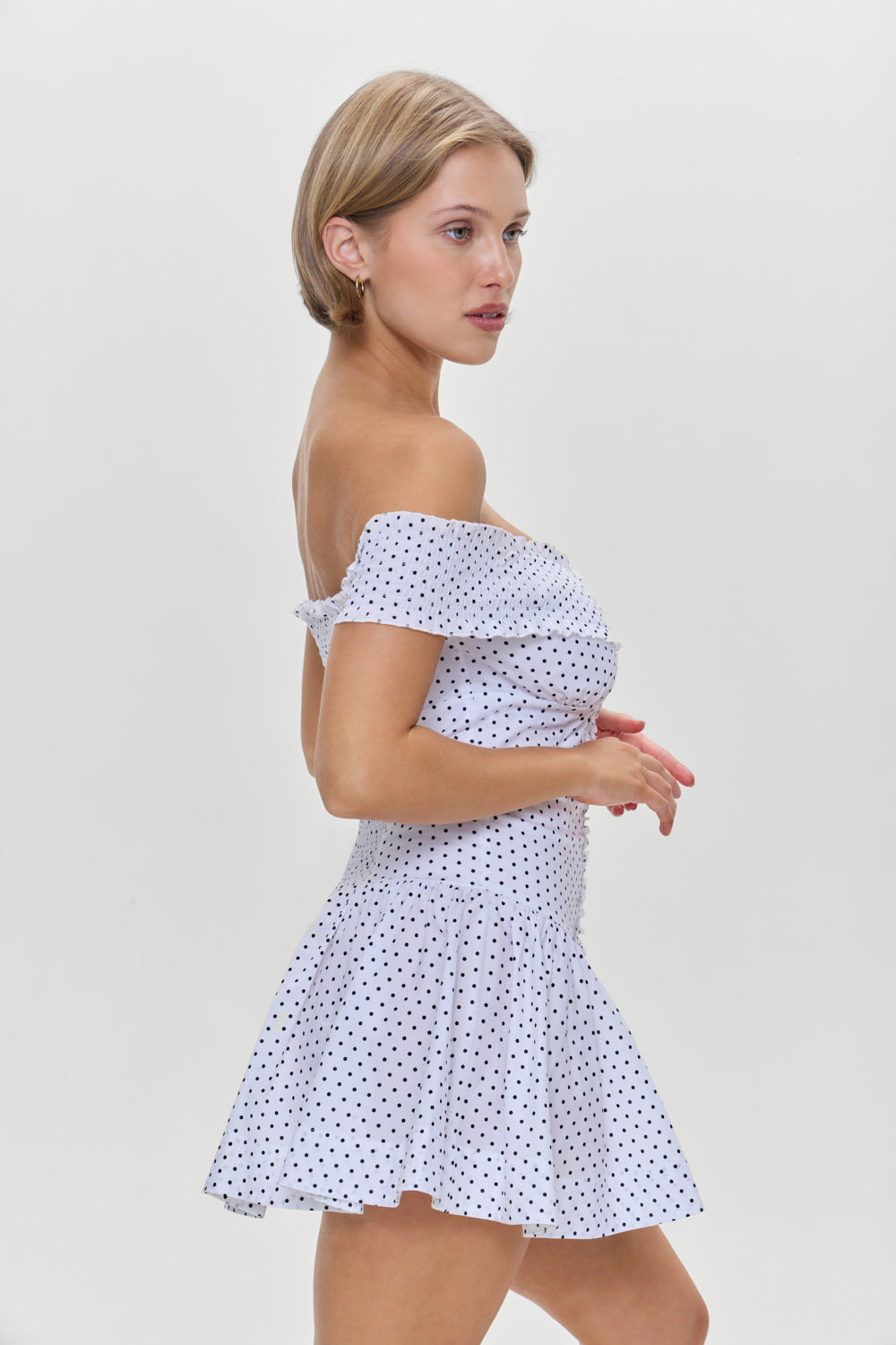 Mae Off Shoulder Mini Dress - White Polka Dot Mae Off Shoulder Mini Dress - White Polka Dot