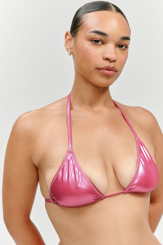 Product-Hover--x KHY Nick Metallic Triangle Bikini Top - Pink Chrome