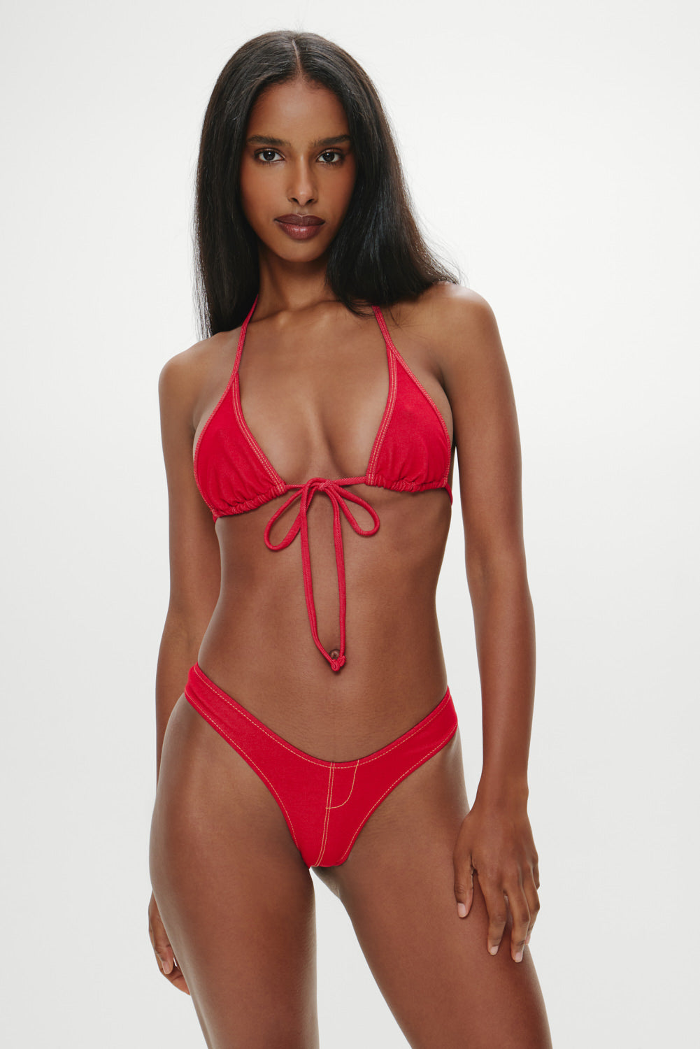 Paradise Denim Halter Bikini Top Red Denim