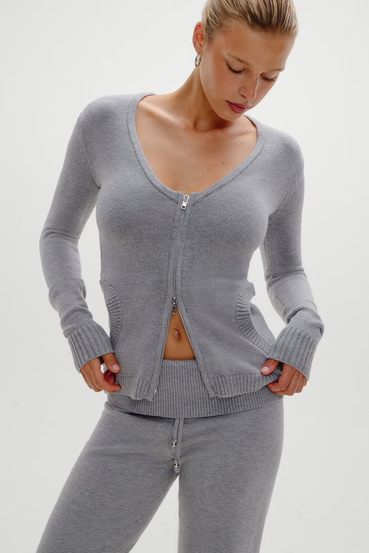 Product--Sienna Zip Up Knit Sweater - Cloud Cover