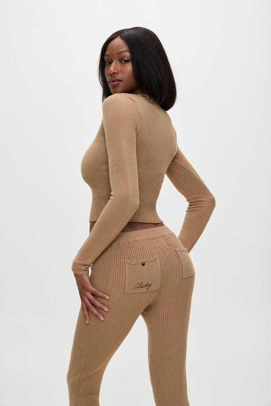 Product--BELLA HADID Texas Knit Pants Caramel