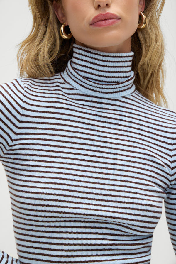 Tucker Turtleneck Knit Sweater Montauk Stripe Blue and Brown Stripe