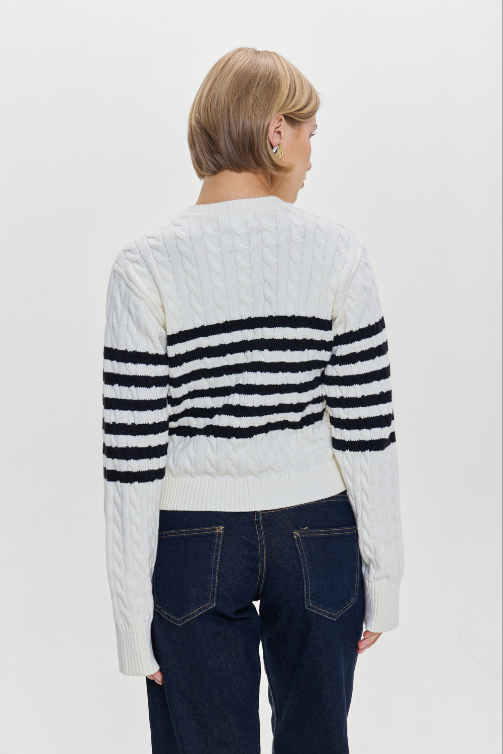 Varsity Striped Cable Knit Sweater  Ivory