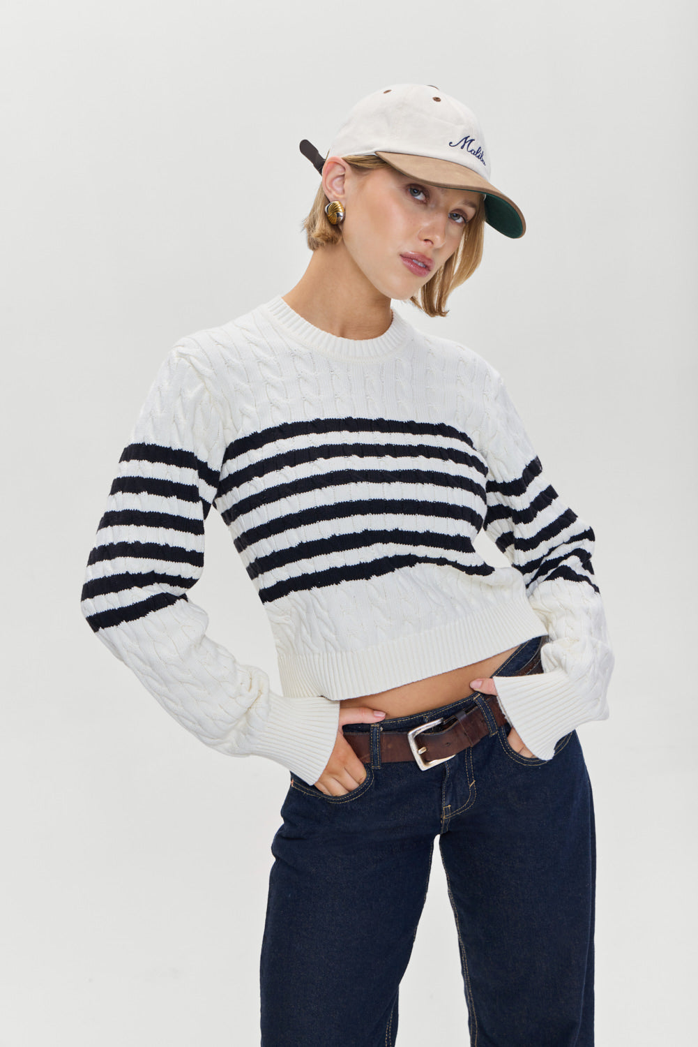 Varsity Striped Cable Knit Sweater  Ivory