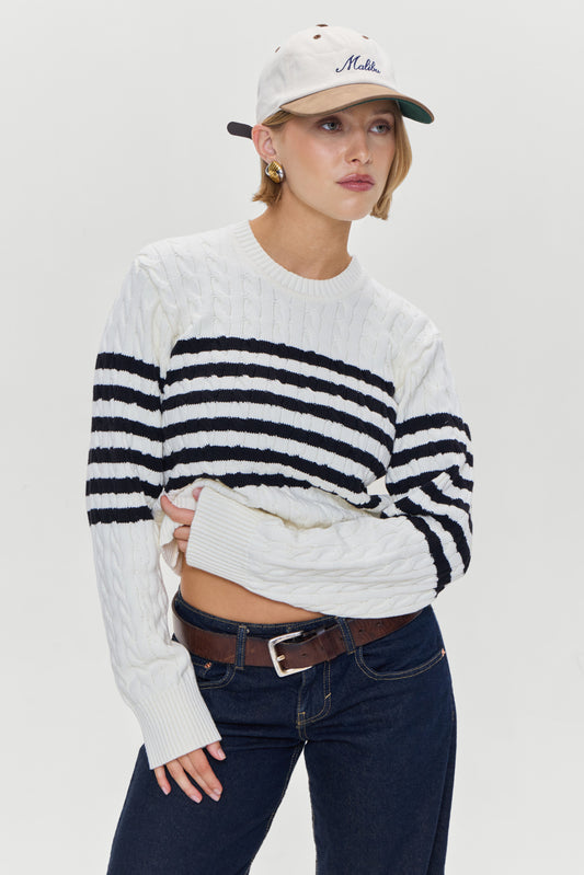 Product-Hover--Varsity Striped Cable Knit Sweater Ivory
