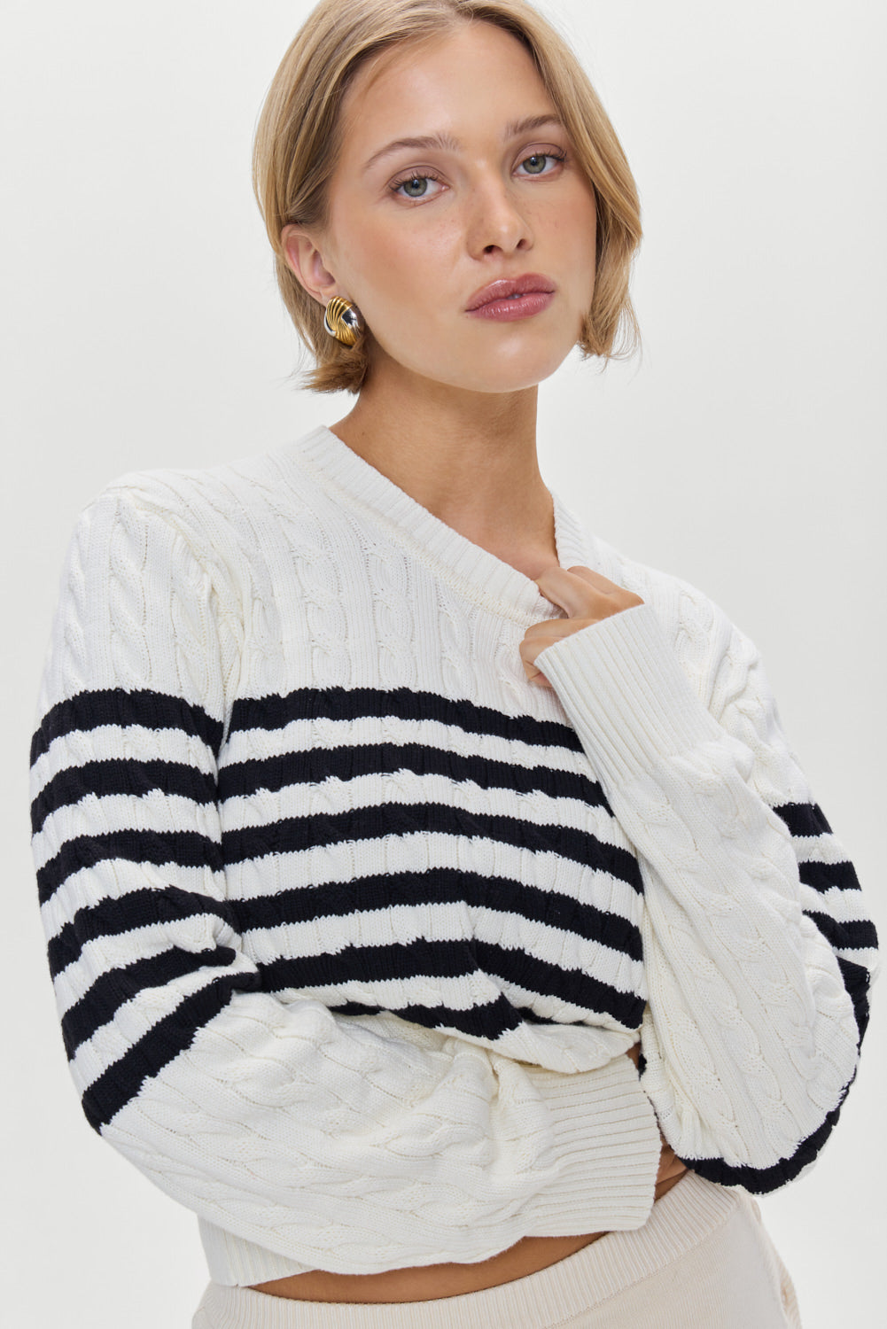 Varsity Striped Cable Knit Sweater  Ivory