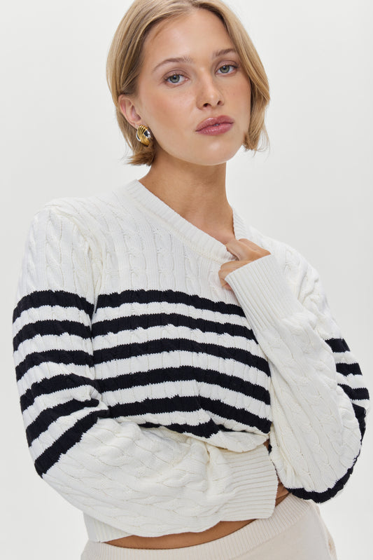 Product--Varsity Striped Cable Knit Sweater Ivory
