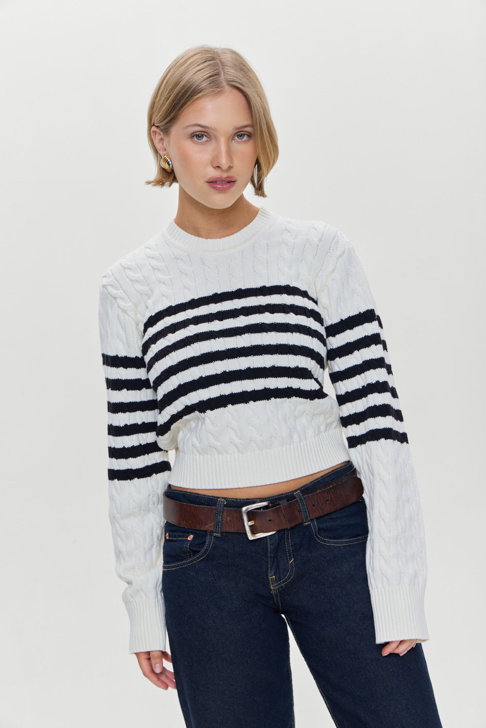 Varsity Striped Cable Knit Sweater  Ivory