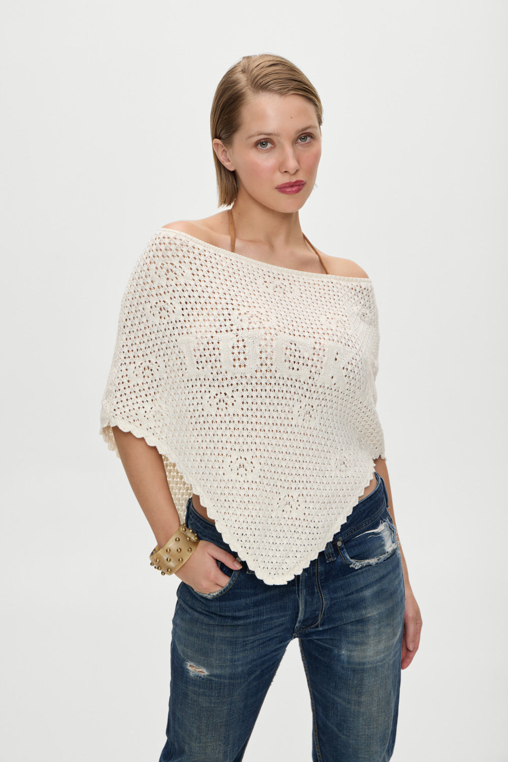 x BELLA HADID Western Crochet Poncho  White