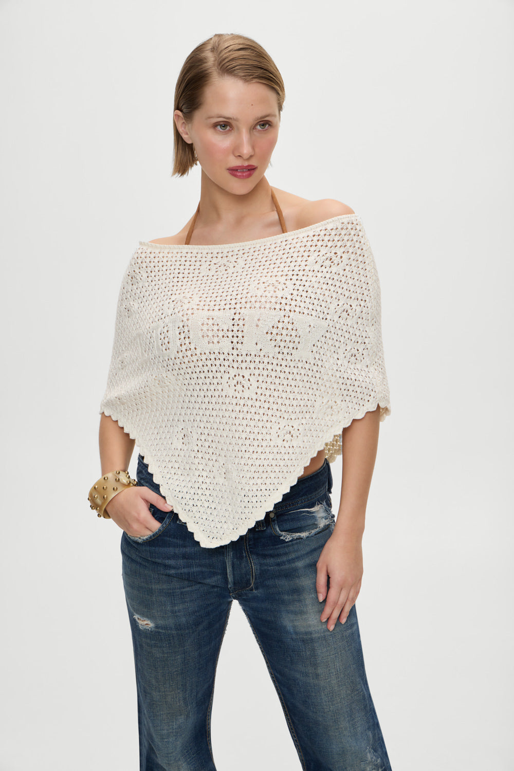 x BELLA HADID Western Crochet Poncho  White