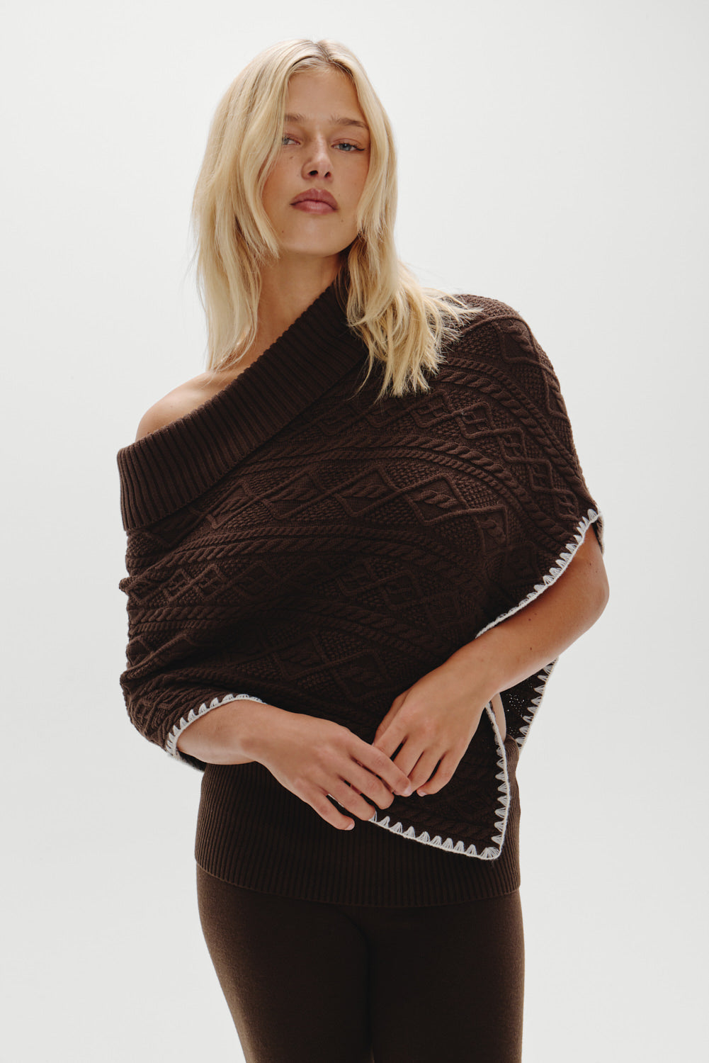Windswept Cotton Knit Poncho  Chocolate Brown