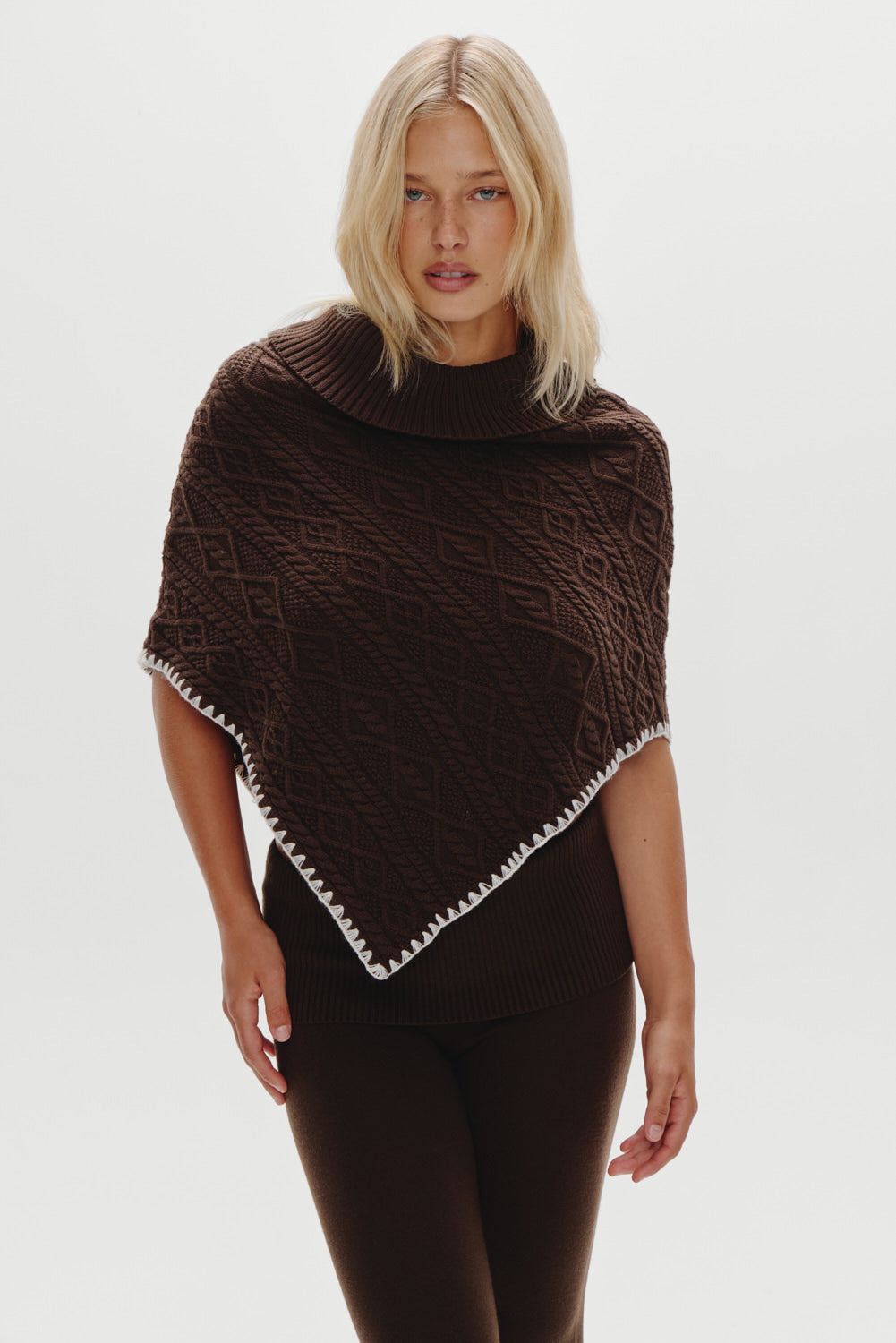 Windswept Cotton Knit Poncho  Chocolate Brown