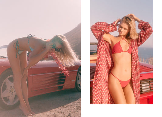 Tia String Bikini Set Emerald Tie Dye, Pamela Front Cross Ribbed Top Cherry and Sara Skimpy Ribbed Bikini Bottom Cherry by Frankies Bikinis 