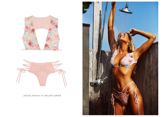 Jessie Wildflower Floral Print Bikini Top and Jessie Crochet Light Pink Bikini Bottom by Frankies Bikinis 