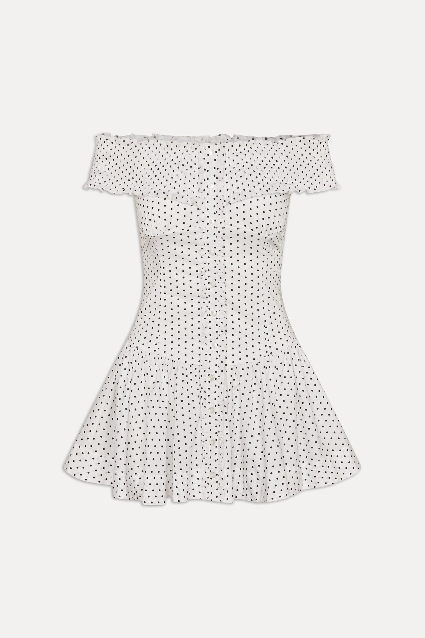 white polka dot off shoulder dress Rita Shirred Off-Shoulder Dress Polka Dot Print White