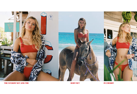 Stormy Buckle Cherry Bikini Top and Stormy Cherry Cheeky Bottom, Ruby Ruched Halter Ribbed Top Cherry and Ruby Side Ruched Ribbed Bikini Bottom Cherry by Frankies Bikinis 