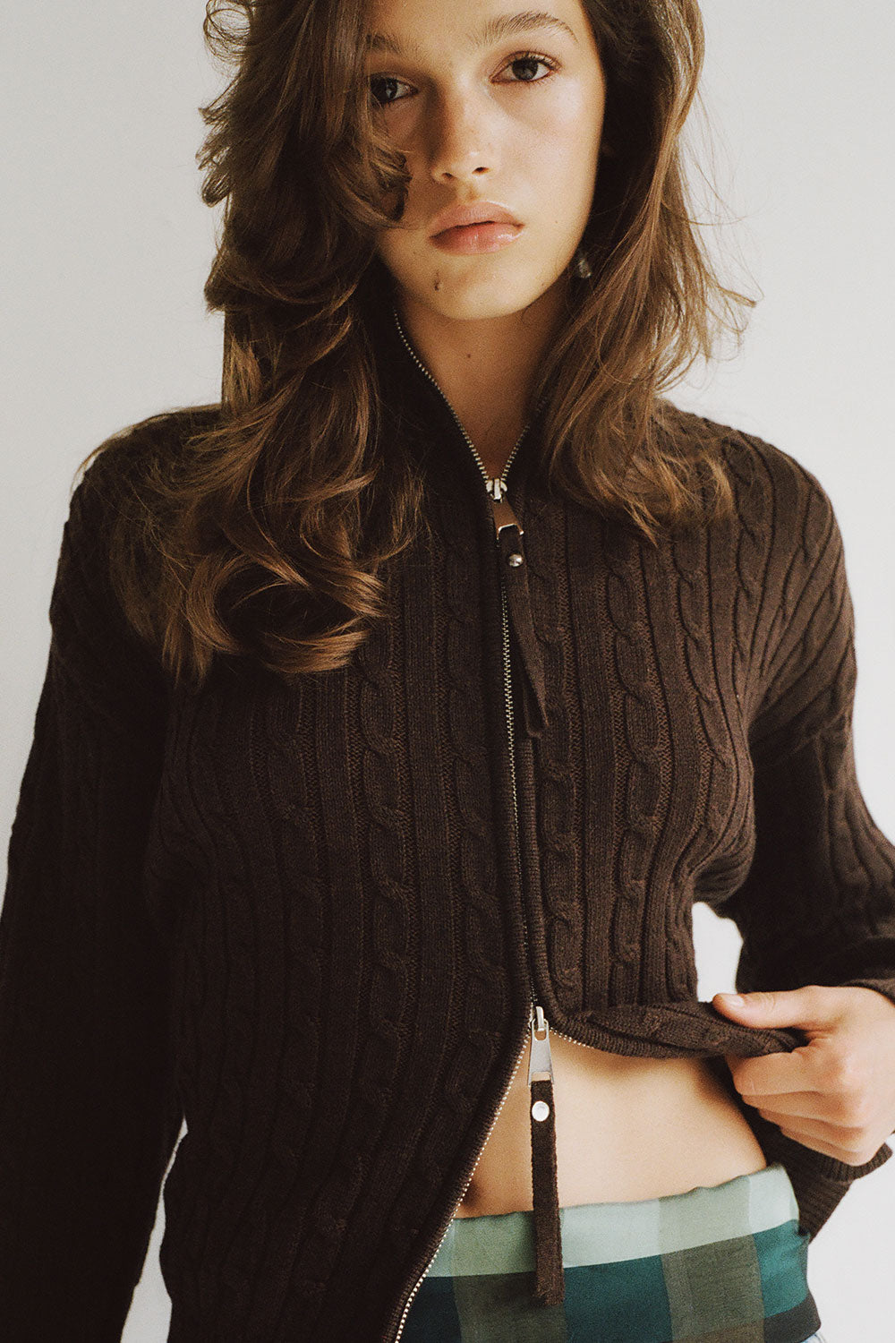 Bea Cable Knit Zip Up Sweater  Chocolate Brown
