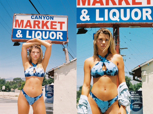 Sunny Blue Tie Dye Halter Bikini Top With Center Hole, Sunny Blue Tie Dye Bikini Bottom by Frankies Bikinis 