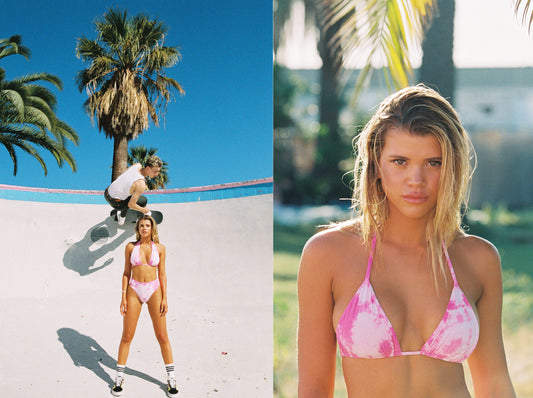 Jordan Pink Tie Dye Halter Bikini Top, Jordan High Waist Pink Tie Dye Bikini Bottom, Tasha Pink Tie Dye Triangle Bikini Top by Frankies Bikinis 