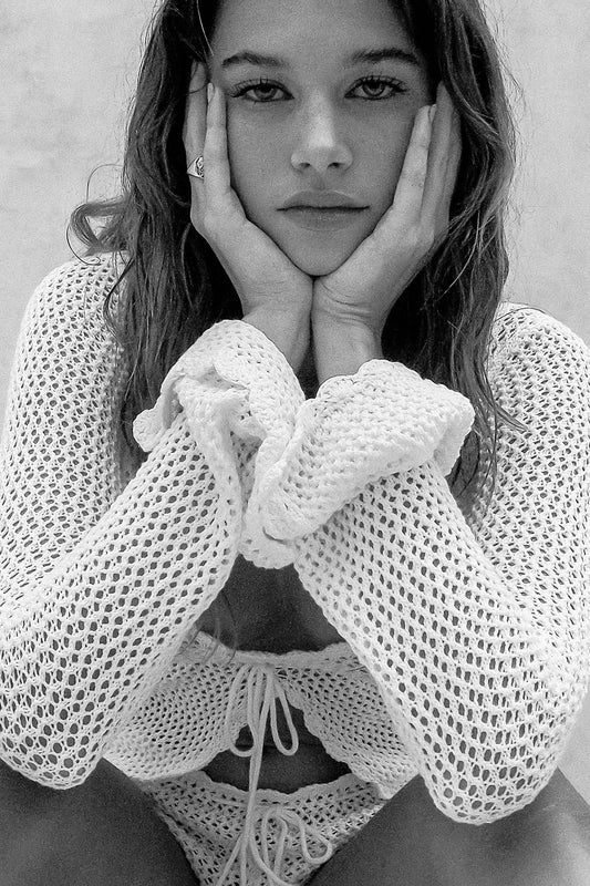 Collette Crochet Tunic White and Genevieve Crochet Mini Short White by Frankies Bikinis 